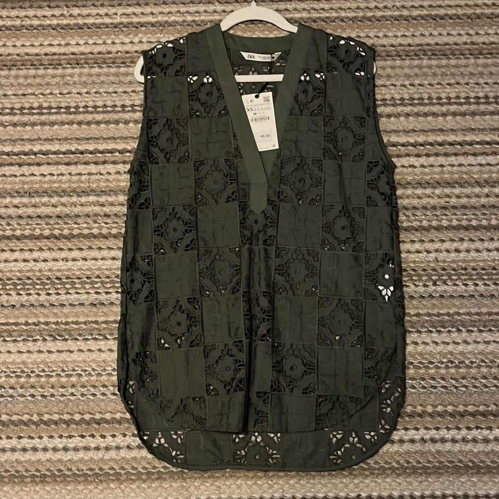 Zara Long Loose Sleeveless Olive Green Lace Top - Size XS - NEW / NWT